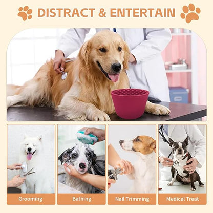 Dog Lick Bowl with Brush and Scraper, Anxiety Relief Silicone Slow Feeder Treat Dispenser, Anti-chocking Pet Dish, Non-Slip Interactive Entertainment Dog Puzzle Toy for Medium & Large-Dark Red