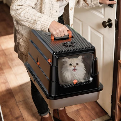 Stainless Steel Cat Litter Box with Lid, Extra Large Enclosed Metal Litter Pan with High Sides, Full Flip Cover Litter Box for Large Cat, Include Scoop & Step, Leak Proof Easy Clean Odor Control-Black