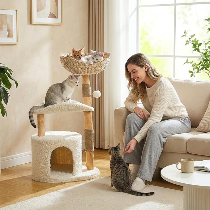 Modern Cat Tree Tower for Large Cats, Wood Cat Tower with Natural Scratching Post, Solid Wood Condo, Real Branch Luxury Cat Furniture with Curved Bed, Top Basket, White
