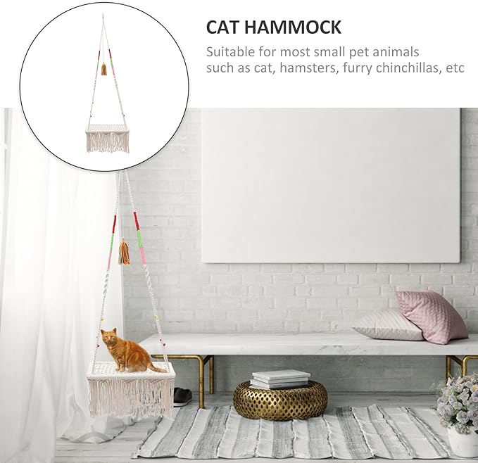 Macrame Cat Hammock Bed Hanging Indoor Cotton Rope Cat Nest Swing Wear-Resistant Design for Kitten