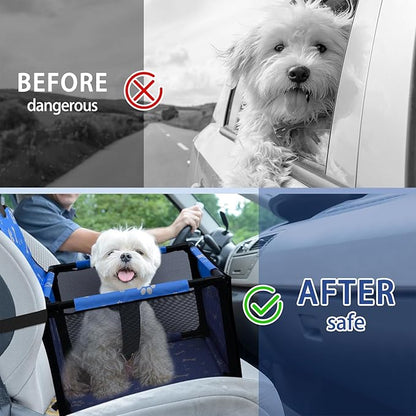 PetsHome Dog Car Seat Foldable Dog Car Booster Seat Waterproof Breathable Oxford Travel Bag for Small to Medium Dogs, Puppies, and Pets-Pattern Blue-Upgrade