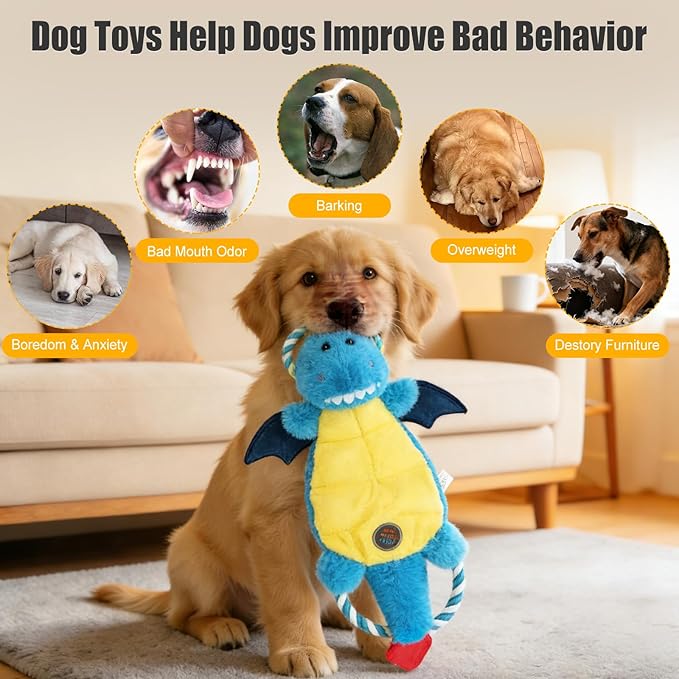 Interactive Squeaky Dog Chew Toy, Tough Plush Dog Toys for Chewers, Small, Medium & Large Dogs, Plush with Double Rope Handles for Tug of War, Mess-Free, Blue