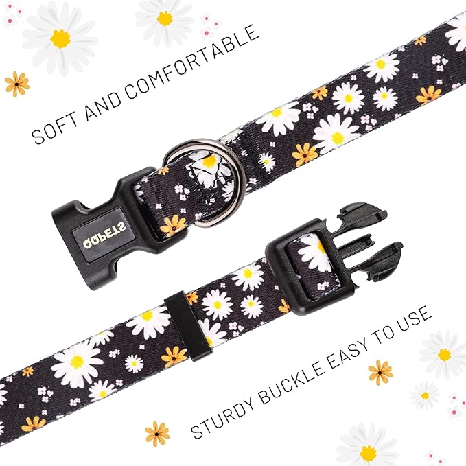 QQPETS Adjustable Soft Dog Collar: Print Flower Pink Multicolor Cute Patterns for XS Small Medium Large Pet Girl Boy Puppy Walking Running Training (S, White Daisy)
