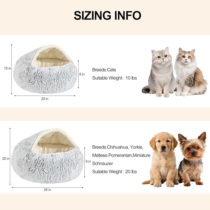 Calming Dog Beds & Cat Cave Bed with Hooded Cover,Removable Washable Round Beds for Small Medium Pets,Anti-Slip Faux Fur Fluffy Coved Bed for Improved Sleep,Fits up to 15/25 lbs(Rose,M)