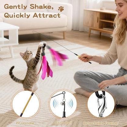 Pawaboo Feather Teaser Cat Toy, Interactive Wands Cats Toy Flying Feathers Cat Catcher with Extra Long 34.5" Wand and Small Bell, Playing Toys, 1 Wand + 10 Feathers, Multi-Color Feather Blend