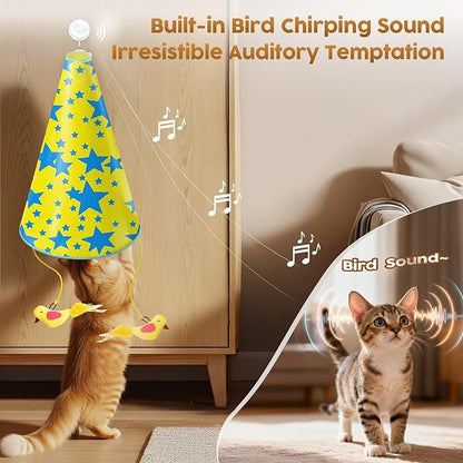 Interactive Cat Toy for Indoor Cats: 2 in1 Automatic Hide and Seek Moving Concealed Flying Bird Wand Feather with Chirping Bird Squeaky, Hanging Rechargeable Exercise Cat Toy for Kittens and Adult Cat