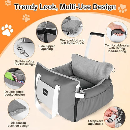 SIVES Dog Car Seat for Small Dogs, Soft Booster Seat Travel Bed with Side Flaps, Non-Slip Base, Seat Belt Straps + Safety Tether, Storage Pocket, Washable Cushion, Recommended Up to 33 lbs, Grey