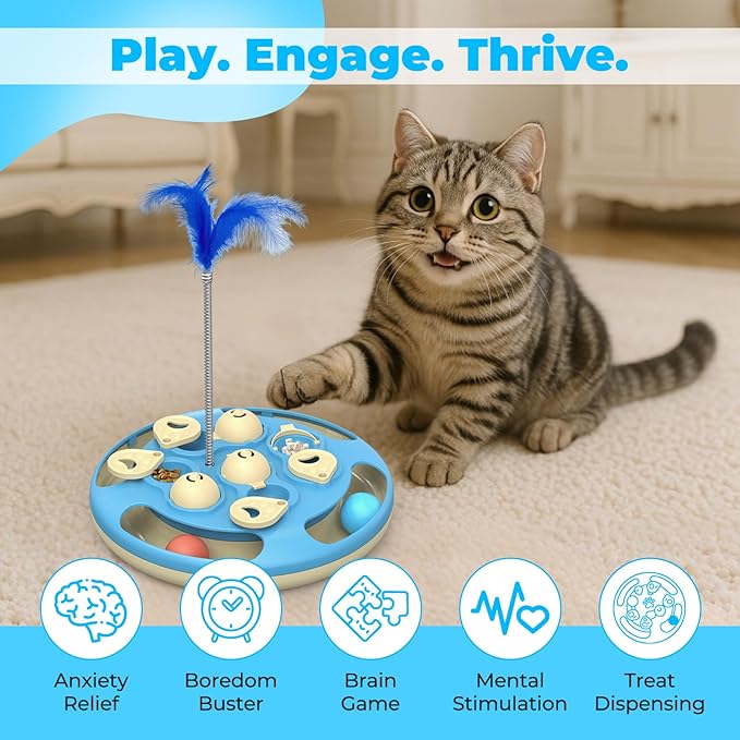 Cat Puzzle Toys Games Level 3 in 1 with Track Balls, Feather Teaser & Treat Feeder | Non-Slip Base | Mental Stimulation Enrichment for Indoor Cats | Kitty Gift, Blue