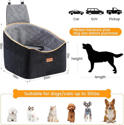 Babyboat Dog Car Seat for Small & Medium Dog Adjustable Height Pet Booster Car Seat with 2 Cushion Up to 30lbs Detachable Travel Pet Bed with Remove Cover, Storage Pockets - Black