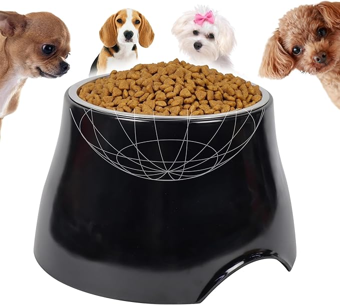Elevated Spaniel Dog Bowl, Melamine Raised Dog Food Bowl for Long-Eared Dogs, Raised Dog Bowls for Small & Medium Dogs, Stainless Steel Inner Bowl, Non-Slip Base (Black, M (420 ML / 1.5 Cups))