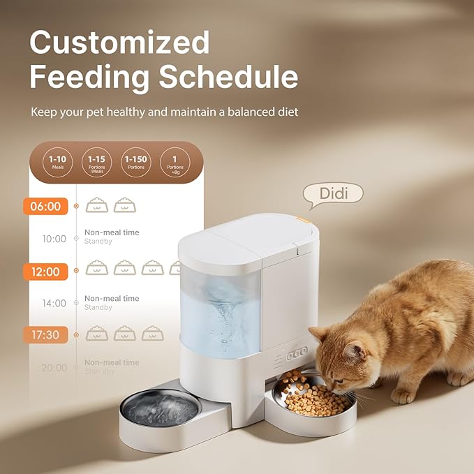 Automatic Cat Feeder and Water, 5G WiFi App Controlled Cat Dry Food Dispenser, 2 in 1 Timed Pet Feeder, 4L Food & 3L Gravity Waterer with Voice Recording, 10 Meals Programmable 1-15 Portion Control