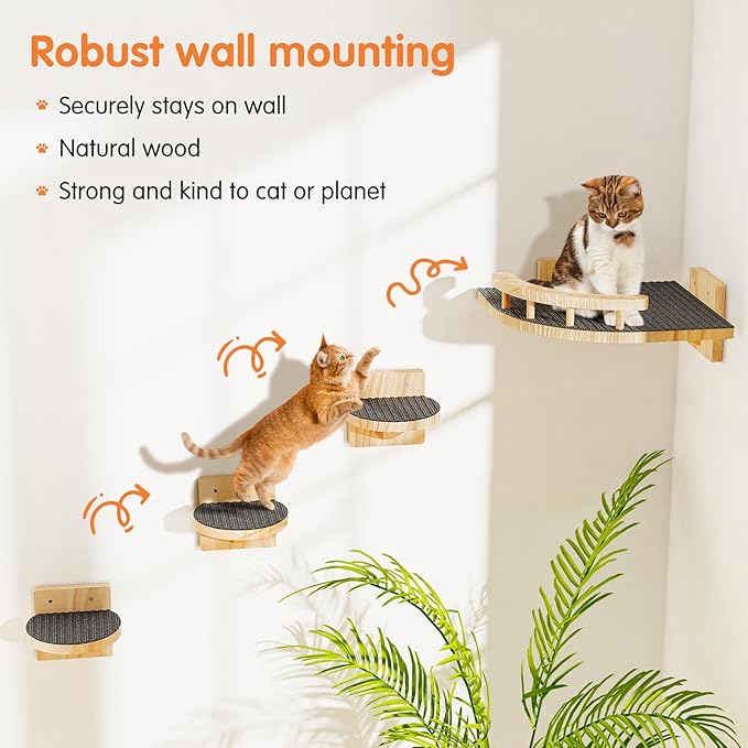 Cat Wall Shelves with 3 Steps, Wooden Cat Wall Furniture up to 15lbs, Floating Stairs for Small/Medium Cats, Kitty Wide Climber Shelf with Cozy Perch for Indoor, Sleeping, Jumping, Playing