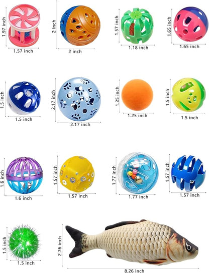43 Pcs Cat Toys Set for Indoor Bored Kitten - Catnip Fish, Bell Balls, Plush Balls, Glow Balls & Extra Catnip Packs (1.5'' - 8.2'')