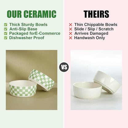 6.4 inch Ceramic Hand Painted Basic Dog Bowl Set of 2 with Anti-Skid Rubber Base, Food and Water Bowls for Small Pets Green