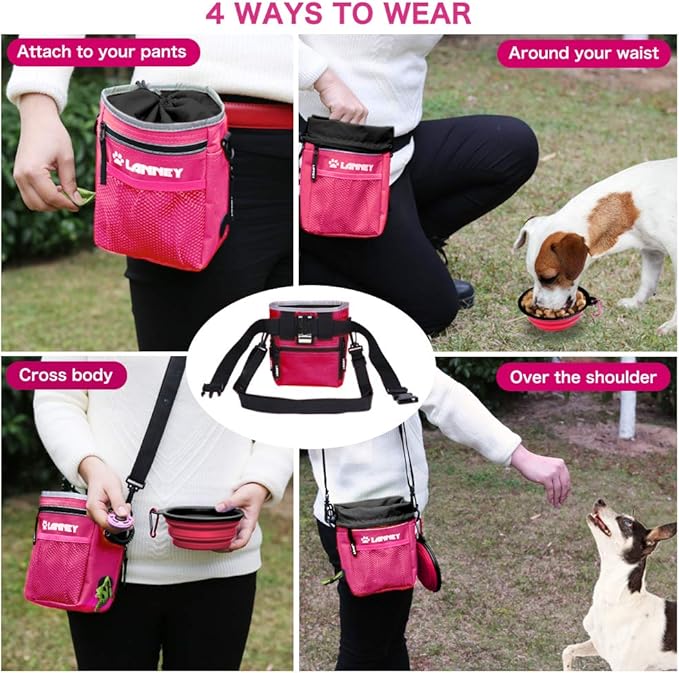 Dog Treat Pouch Pet Training Bag for Small to Large Dogs, Treat Tote Carry Kibble Snacks Toys for Training Reward Walking, Metal Clip, Waist belt, Shoulder Strap, Poop Bag Dispenser and Clicker