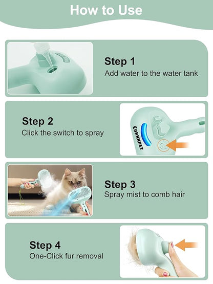 Dog Cat Steam Brush With UV Light, 3 in 1 Release Button Self-Cleaning Grooming Brush for Pets Cats Dogs, Hair Massaging Shedding for Small Animals Long Short Haired - Green