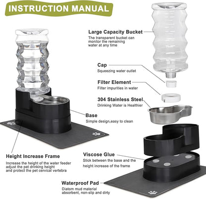 RIZZARI Gravity Water Dispenser for Dogs: 8L Raised Black Automatic Stainless Steel Waterer -Removes Odors -Softens Water -Helps Prevent Urinary Stones -Good for Spine - Senior Dogs- for Bedrooms