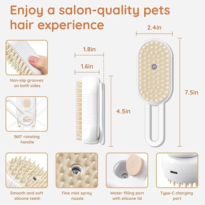 Cat Steam Brush for Shedding - USB Rechargeable Grooming Brush with Release Button, Dual Speed Spray for Long & Short Hair Indoor Cats