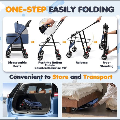 Dog Stroller, 4 Wheels Pet Stroller for Small & Medium Dogs, One-Click Foldable Cat Strollers Up to 45 Ibs with Storage Basket, Cup Holder and Breathable Mesh