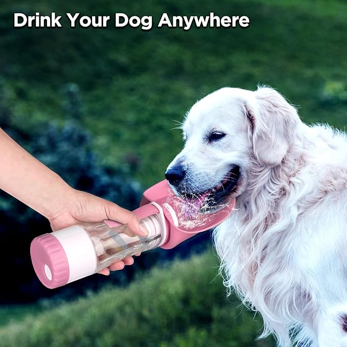 Uppetly Dog Water Bottle, Pet Water Bottle with Food Container and Drinking Feeder, Leak Proof, BPA-Free, Portable Foldable Puppy Water Cup Dispenser for Outdoor Walking, Travel, Hiking Small Pink