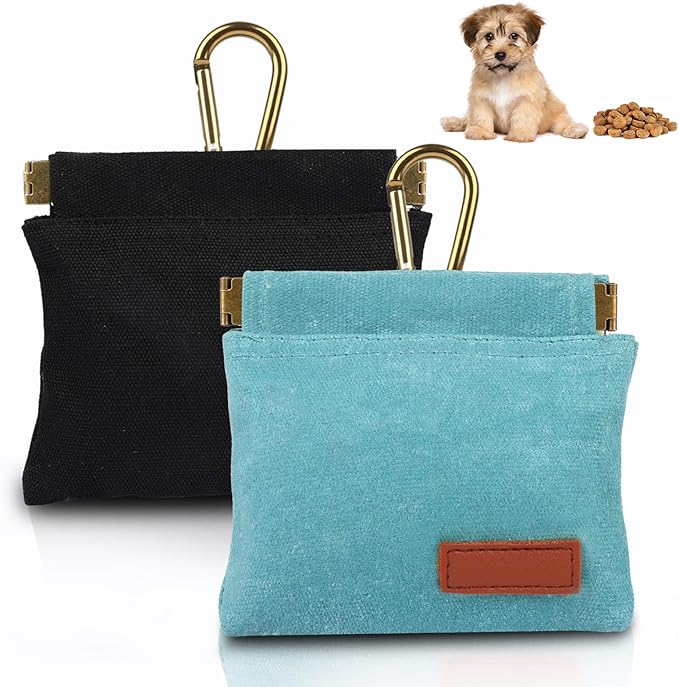 2Pcs Dog Treat Pouches for Pet Training, Hand Free Puppy Dogs Treat Bag with Carabiner, Portable Auto Closing Pet Dog Walking Bag for Travel or Outdoor Use, Pets Feed Snack Reward Pocket- Green, Black