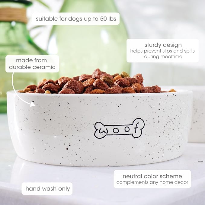 Pearhead Ceramic Dog Bowl – “Woof” Speckled Pet Food & Water Dish, Durable Stoneware, Non-Slip Heavy Base, 20 oz, Medium