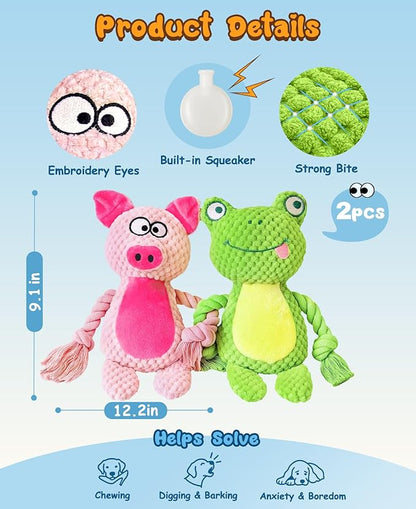Swooflia 2 Pack Squeaky Dog Toys - Crinkle Plush Pig and Frog Toys for Puppies, Interactive and Stimulating Toy to Relieve Boredom for Small Dogs and Keep Them Busy