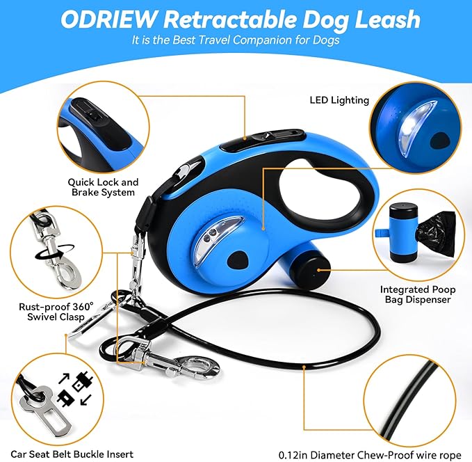 Heavy Duty Retractable Dog Leash for Large Dogs, 26ft Dog Leash with Poop Bag Holder, Up to 110lbs, chew Proof Cable, LED Light, 360° No-Tangle, One-Handed Pause & Locked. (Blue, L 26ft)