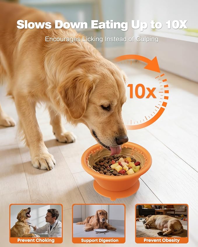 Slow Feeder Dog Bowl with Suction Cup & Reinforced Rim, 3-Cup Puzzle Maze Dog Lick Bowl for Anxiety Relief, Anti-Choking & Non-Slip, BPA-Free Silicone, for Small to Large Breeds (Orange)