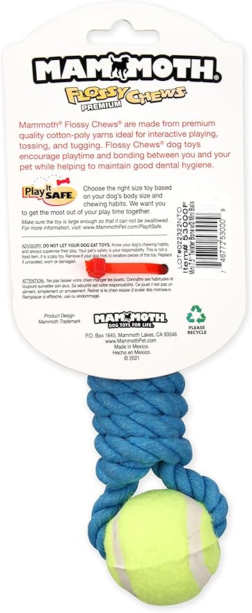 Mammoth Flossy Chews Twister Rope Toy with Tennis Balls – Premium Cotton-Poly Tug Toy for Dogs – Interactive Dog Tug Toy – Rope Dog Toy with Tennis Balls for Small Dogs - Mini 7.5" - Assorted Colors
