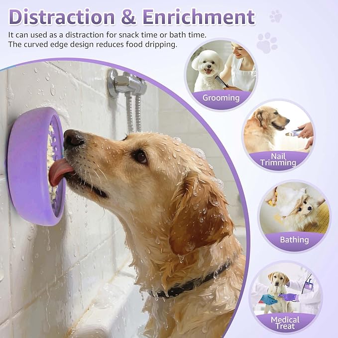 Dog Lick Bowl, ZOURYNUA Non-Slip Slow Feeder Dog Bowls, Enrichment Licking Mat for Distraction, Anxiety Relief Treat Dispenser Freezer, BPA Free Silicone & Dishwasher Safe (Purple, Small)