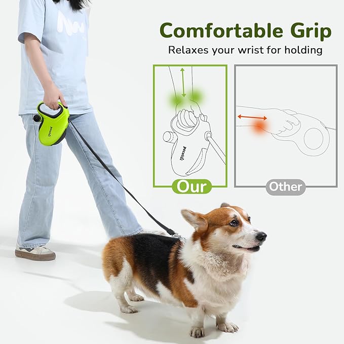 Pecute 32ft Retractable Dog Leash with Reflective Strips, 360° Tangle-Free, One-Button Control & Sturdiness Nylon Material, Long Leash Retractable with Poop Bag Holder for Medium Large Dog