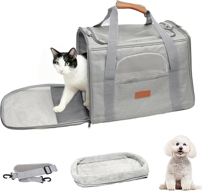 Expandable Pet Carrier for Cats and Small Dogs, Soft-Sided Travel Dog Carrier with Fleece Cushion, Breathable Mesh Windows and Shoulder Strap for Car, Outdoor and Daily Use, Grey