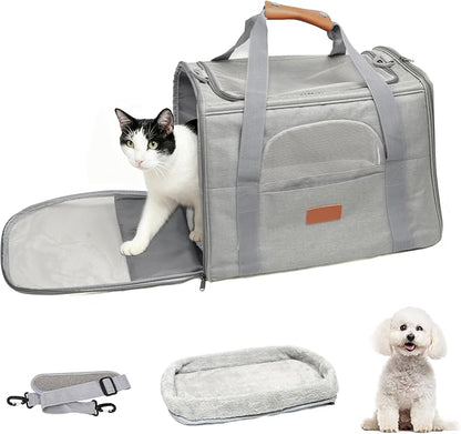 Expandable Pet Carrier for Cats and Small Dogs, Soft-Sided Travel Dog Carrier with Fleece Cushion, Breathable Mesh Windows and Shoulder Strap for Car, Outdoor and Daily Use, Grey