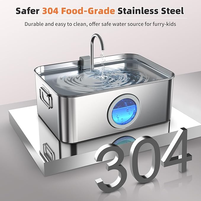 12L/3.2Gal Dog Water Fountain Stainless Steel with Silicone Mat & 3 Set Filters, DYSJ01 Dog Fountain Water Bowl for Large Dogs Cats & Multi-Pet Home with Water Level Window & LED Indicator