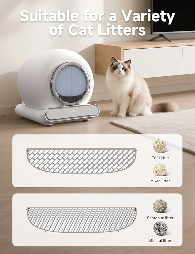 Self Cleaning Litter Box, Integrated Safety Automatic Cat Litter Box Self Cleaning 65L+9L for Multiple Cats, App Control, Odor Removal, Includes Mat & Liner (3 Rolls) - White