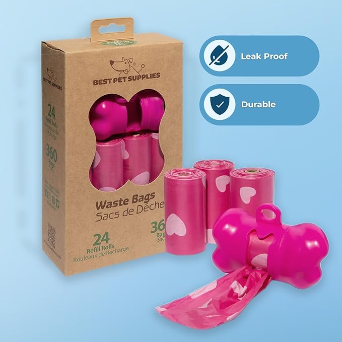 Best Pet Supplies Dog Poop Bags (360 Bags) for Waste Refuse Cleanup, Doggy Roll Replacements for Outdoor Puppy Walking and Travel, Leak Proof and Tear Resistant, Thick Plastic - Pink Heart