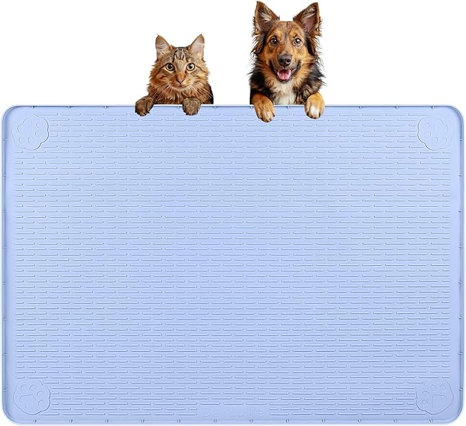 Dog Food Mat, Extra Large 34" x 22" Silicone Pet Feeding Mat with Raised Edge Pet Placemat for Small, Medium, and Large Pets Non-Slip, Easy to Clean (Blue)