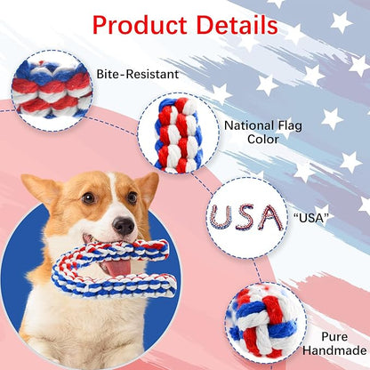 Vehomy 3-Pack Independence Day Dog Cotton Rope Toys - U S A Shape, American Flag Colors, Durable Cotton Rope, Chew & Dental Health, Medium Dogs