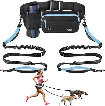 Hands Free Dog Leash 2 Dogs, Adjustable Waist Leash for Dog Walking with Dual Bungees Padded Handle, Shock Absorbing Hands Free for Small Medium-Sized Dogs Outdoor Activities, Black+Blue