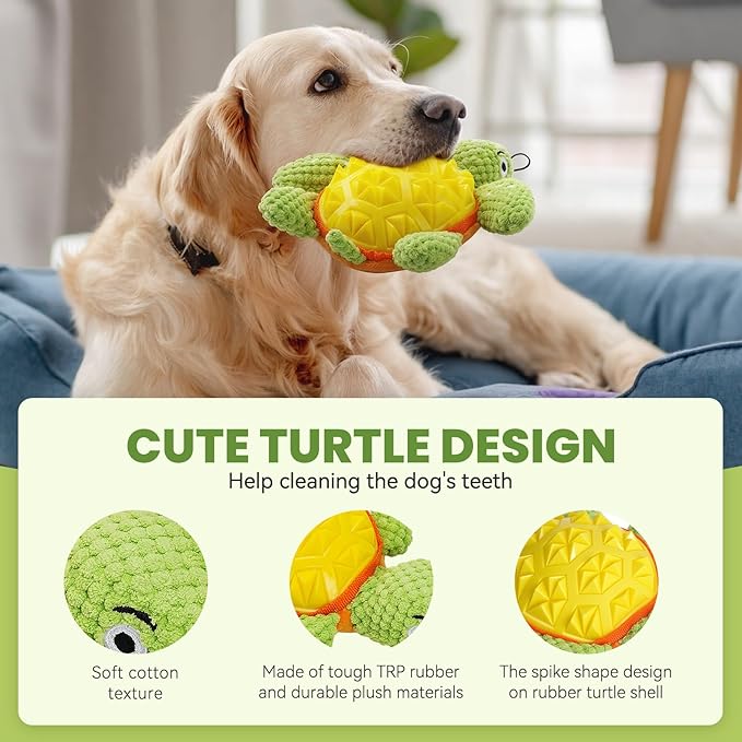 A Durable Dog Toy with Squeaker, Cute Turtle Design with Bright Color, Good for Both Chewing and Playing, 9.4 inches Design is Suitable for Medium and Large Dogs