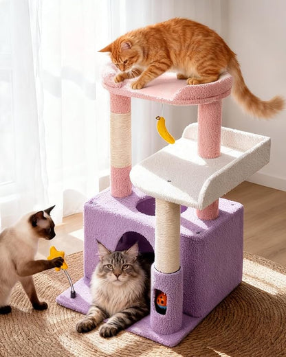 31" Cute Cat Tower for Indoor Kittens with Cat Condo, Plush Platform, Hammock, Sisal Scratching Posts, Dangling Ball, Tall Cat Tree Tower with Self-Grooming Brush (Moonlit Violet)