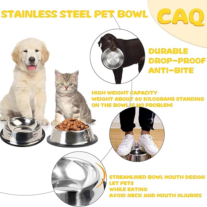 CAQ Dog Cat Bowls Stainless Steel Small Cat Dog Food Water Bowl for Indoor Stackable Pets Puppy Dish Non-Slip Removable Rubber Base Set of 4