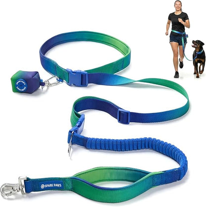 Spark Paws Handsfree Dog Leash – Shock Absorbing Waist Bungee Lead with 2 Padded Handles, Car Seatbelt Clip & Poop Bag Set, Heavy Duty Tactical Lead for Medium, Large & X-Large Breeds - Lime Wave