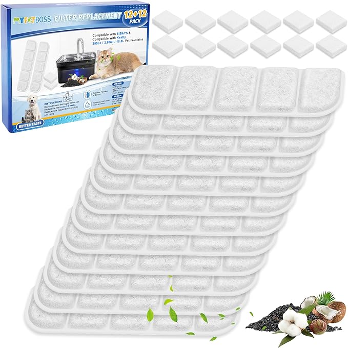 24PCS Dog Water Fountain Filter Fit for SIBAYS 355oz/2.8Gal/10.5L (FS70) & Compatible with Kastty, Sponge and Coconut Carbon for Large Dog Water Bowl Filter Replacement
