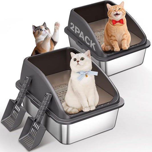 2PACK Stainless Steel Cat Litter Box,Large Litter Box with High Sides for Multiple Cats,Kittens,Metal Kitty Litter Boxes with Anti-Leak Lid,Non-Stick,Odorless,Easy to Clean,Scoop Included