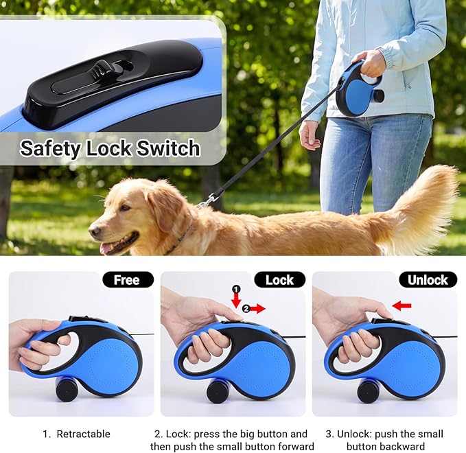 Segarty 16 Ft Retractable Dog Leash with Detachable Poop Bag Holder, 5m Walking Leash for Pets up to 66 lbs, 360°Tangle-Free Dog Lead with Anti-Slip Handle & One-Handed Brake Pause Lock for Outdoors