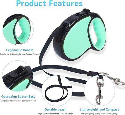 Retractable Dog Leash,16 Ft Dog Retractable Leash,with Anti Slip Handle,Strong Nylon Tape No Tangle,One Handed Brake,Pause,Lock,Suitable for Small and Medium Sized Dogs（Green）