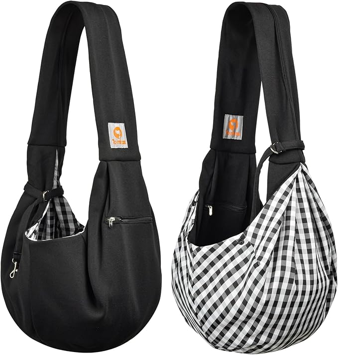 Tomkas Small Dog Cat Sling Carrier Puppy Purse Travel Wrap Soft Crossbody Pet Bag (Black, M - Zip Pocket & Classic Strap)