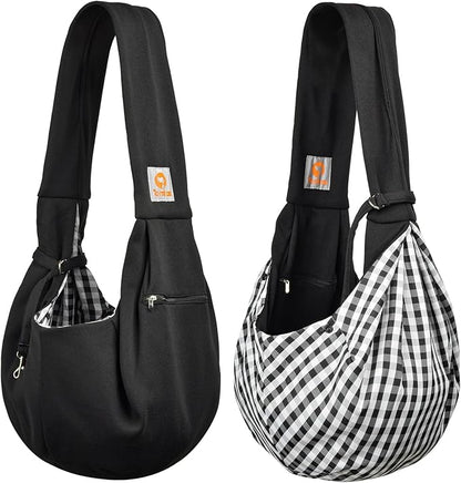 Tomkas Small Dog Cat Sling Carrier Puppy Purse Travel Wrap Soft Crossbody Pet Bag (Black, M - Zip Pocket & Classic Strap)